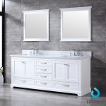 Dukes 80" White Double Vanity, White Carrara Marble Top, White Square Sinks and 30" Mirrors w/ Faucets