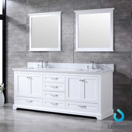 Dukes 80" White Double Vanity, White Carrara Marble Top, White Square Sinks and 30" Mirrors w/ Faucets