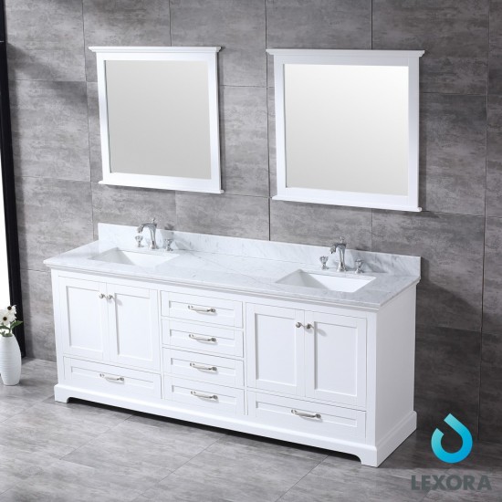 Dukes 80" White Double Vanity, White Carrara Marble Top, White Square Sinks and 30" Mirrors w/ Faucets