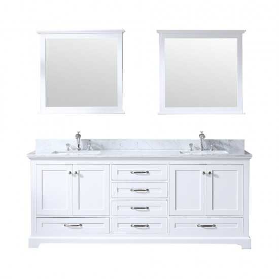 Dukes 80" White Double Vanity, White Carrara Marble Top, White Square Sinks and 30" Mirrors