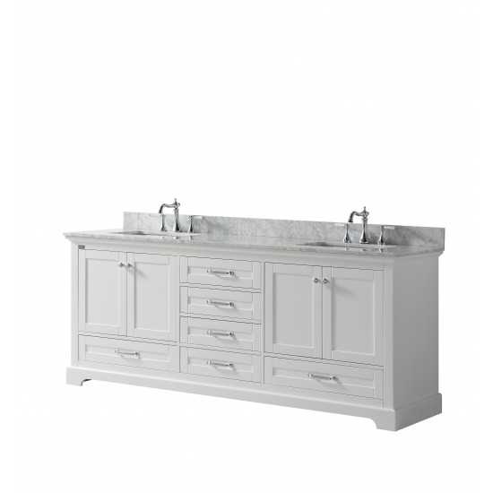 Dukes 80" White Double Vanity, White Carrara Marble Top, White Square Sinks and no Mirror