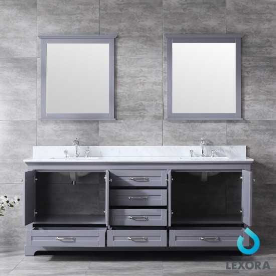 Dukes 80" Dark Grey Double Vanity, White Carrara Marble Top, White Square Sinks and 30" Mirrors w/ Faucets