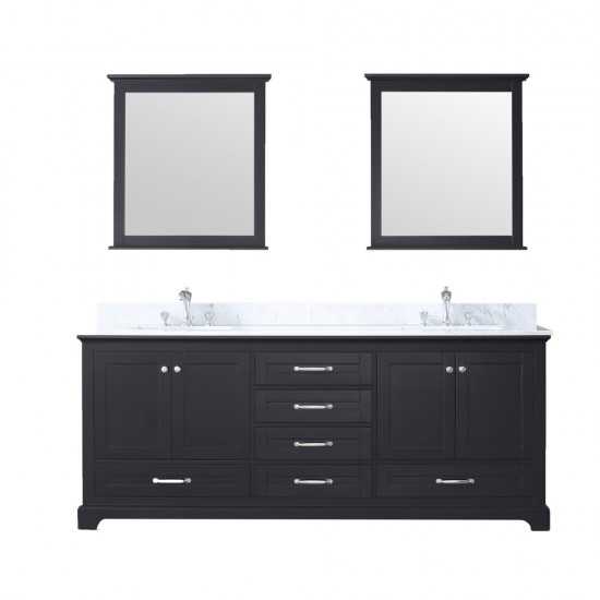 Dukes 80" Espresso Double Vanity, White Carrara Marble Top, White Square Sinks and 30" Mirrors w/ Faucets