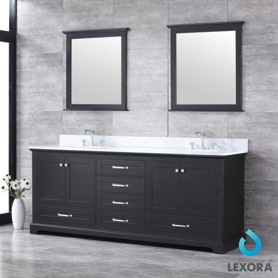 Dukes 80" Espresso Double Vanity, White Carrara Marble Top, White Square Sinks and 30" Mirrors w/ Faucets