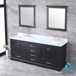 Dukes 80" Espresso Double Vanity, White Carrara Marble Top, White Square Sinks and 30" Mirrors w/ Faucets