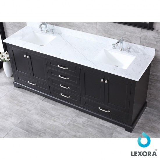 Dukes 80" Espresso Double Vanity, White Carrara Marble Top, White Square Sinks and 30" Mirrors w/ Faucets