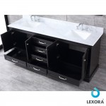 Dukes 80" Espresso Double Vanity, White Carrara Marble Top, White Square Sinks and 30" Mirrors w/ Faucets