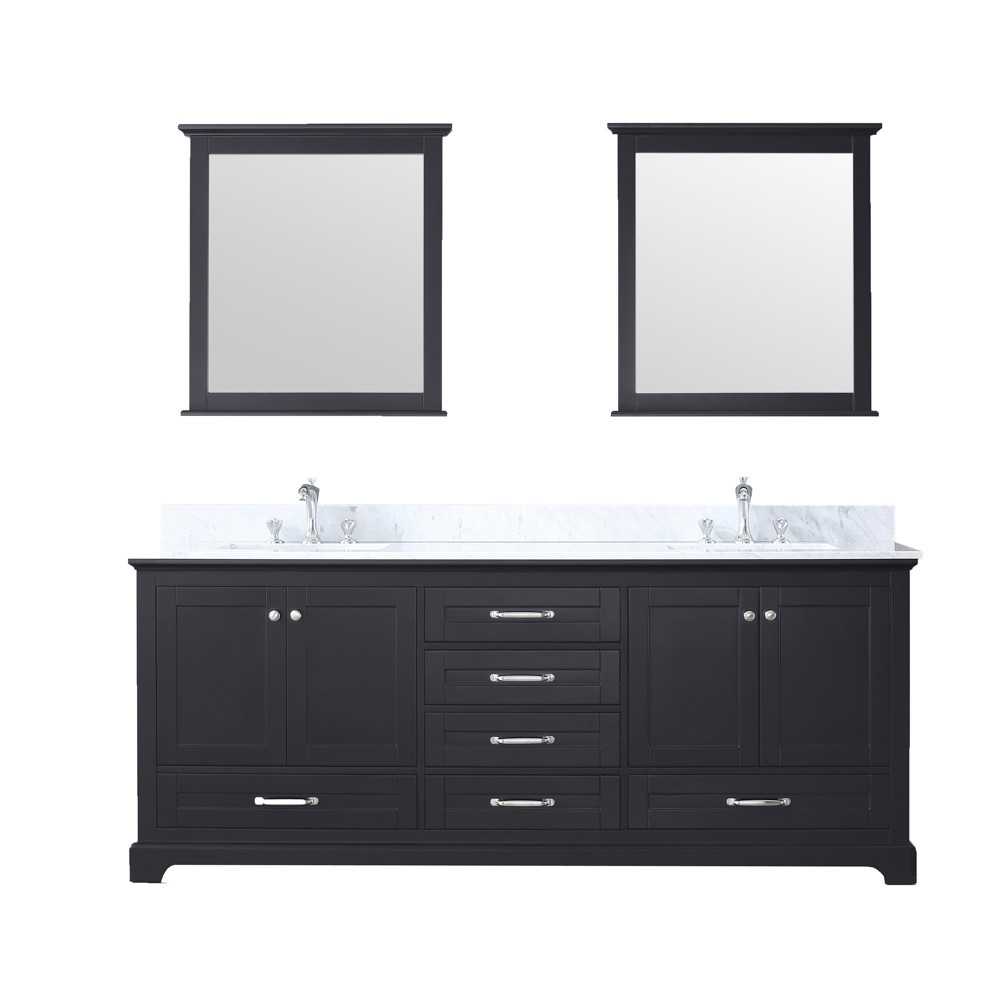 Dukes 80" Espresso Double Vanity, White Carrara Marble Top, White Square Sinks and 30" Mirrors