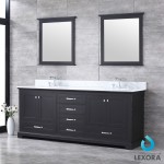 Dukes 80" Espresso Double Vanity, White Carrara Marble Top, White Square Sinks and 30" Mirrors