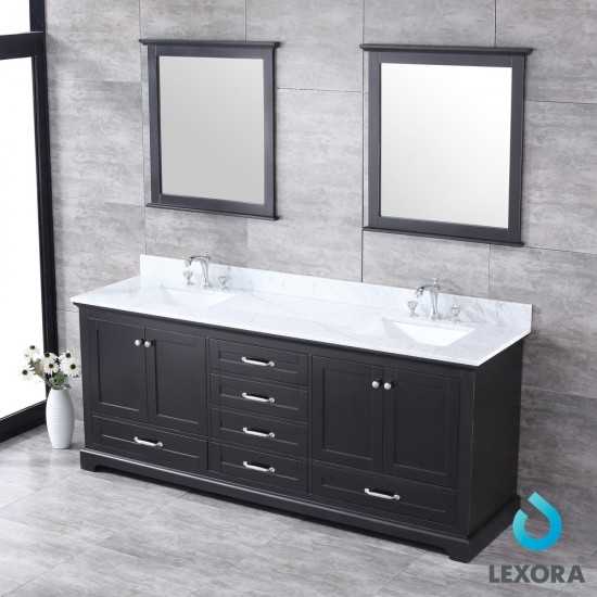 Dukes 80" Espresso Double Vanity, White Carrara Marble Top, White Square Sinks and 30" Mirrors