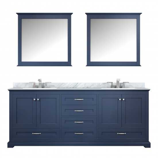 Dukes 80" Navy Blue Double Vanity, White Carrara Marble Top, White Square Sinks and 30" Mirrors w/ Faucets