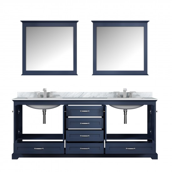 Dukes 80" Navy Blue Double Vanity, White Carrara Marble Top, White Square Sinks and 30" Mirrors w/ Faucets