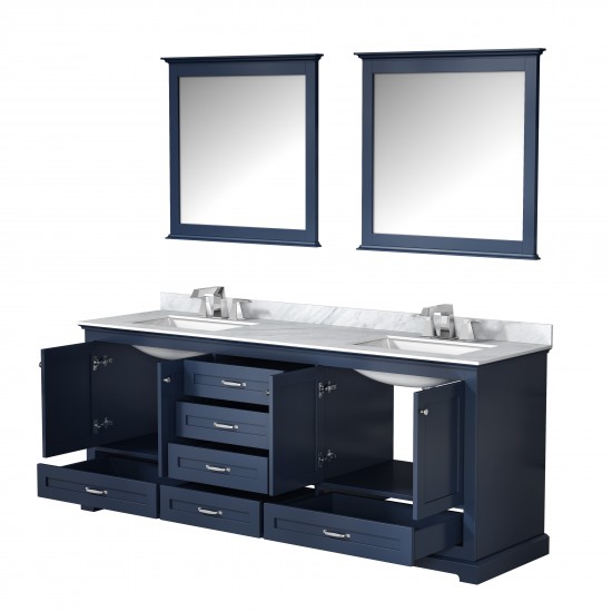 Dukes 80" Navy Blue Double Vanity, White Carrara Marble Top, White Square Sinks and 30" Mirrors w/ Faucets