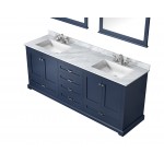 Dukes 80" Navy Blue Double Vanity, White Carrara Marble Top, White Square Sinks and 30" Mirrors w/ Faucets