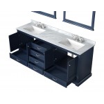 Dukes 80" Navy Blue Double Vanity, White Carrara Marble Top, White Square Sinks and 30" Mirrors w/ Faucets