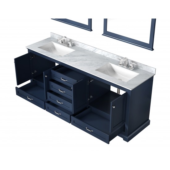 Dukes 80" Navy Blue Double Vanity, White Carrara Marble Top, White Square Sinks and 30" Mirrors w/ Faucets