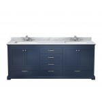 Dukes 80" Navy Blue Double Vanity, White Carrara Marble Top, White Square Sinks and no Mirror