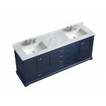 Dukes 80" Navy Blue Double Vanity, White Carrara Marble Top, White Square Sinks and no Mirror