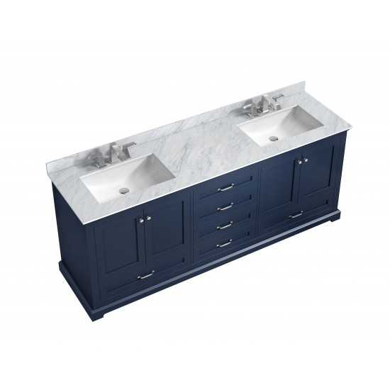 Dukes 80" Navy Blue Double Vanity, White Carrara Marble Top, White Square Sinks and no Mirror