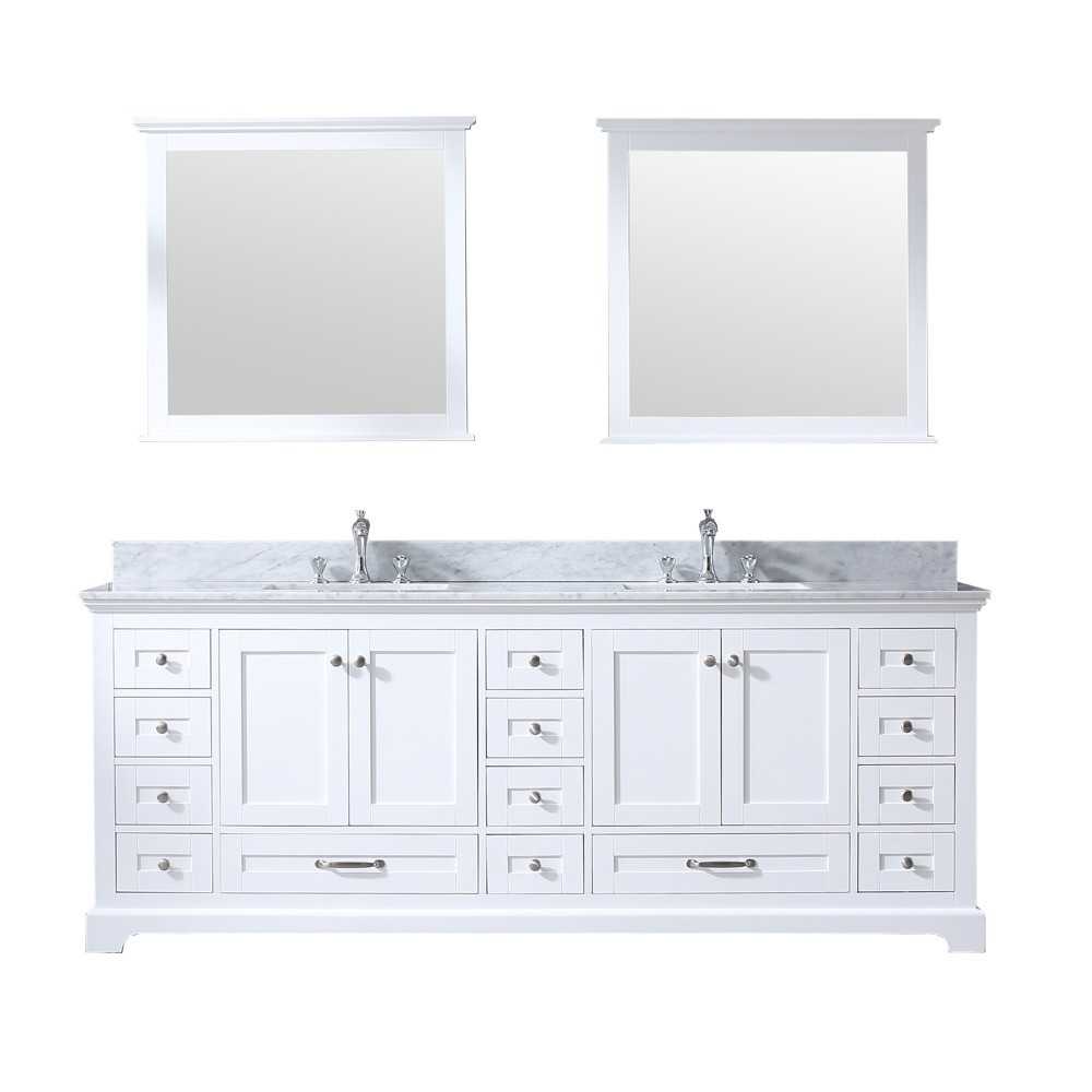 Dukes 84" White Double Vanity, White Carrara Marble Top, White Square Sinks and 34" Mirrors w/ Faucets