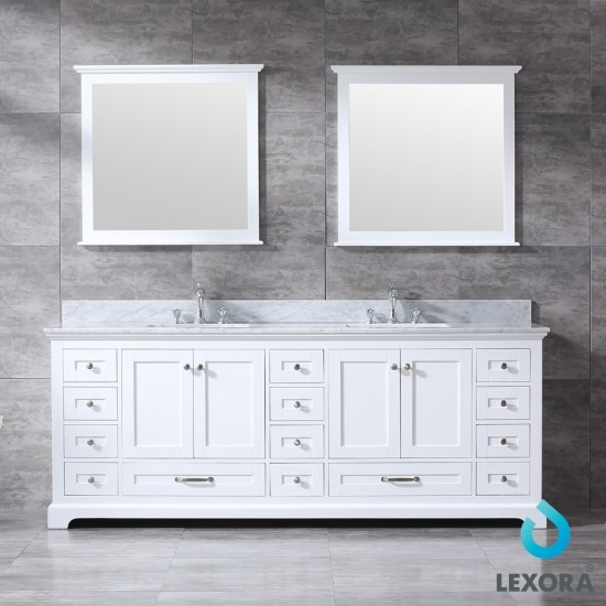 Dukes 84" White Double Vanity, White Carrara Marble Top, White Square Sinks and 34" Mirrors w/ Faucets