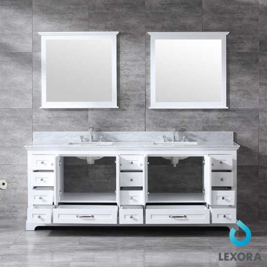 Dukes 84" White Double Vanity, White Carrara Marble Top, White Square Sinks and 34" Mirrors w/ Faucets