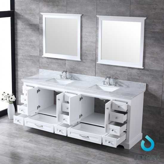 Dukes 84" White Double Vanity, White Carrara Marble Top, White Square Sinks and 34" Mirrors w/ Faucets