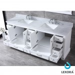 Dukes 84" White Double Vanity, White Carrara Marble Top, White Square Sinks and 34" Mirrors w/ Faucets