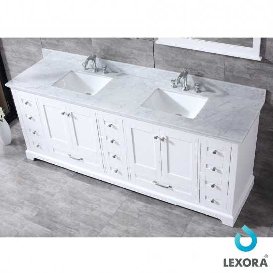 Dukes 84" White Double Vanity, White Carrara Marble Top, White Square Sinks and 34" Mirrors w/ Faucets