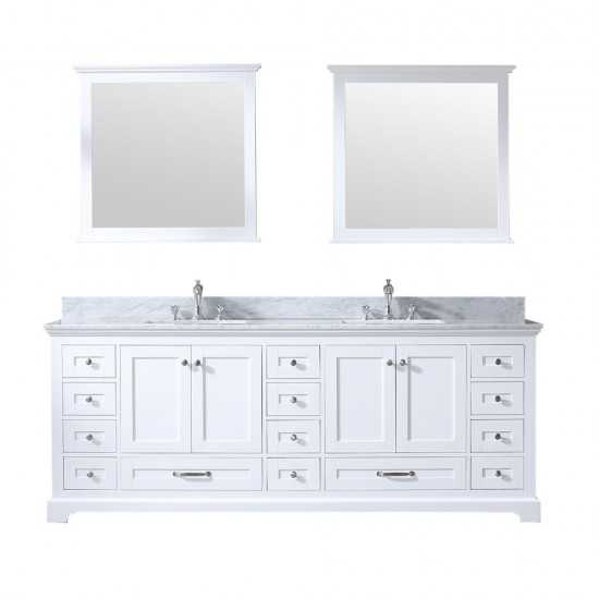 Dukes 84" White Double Vanity, White Carrara Marble Top, White Square Sinks and 34" Mirrors