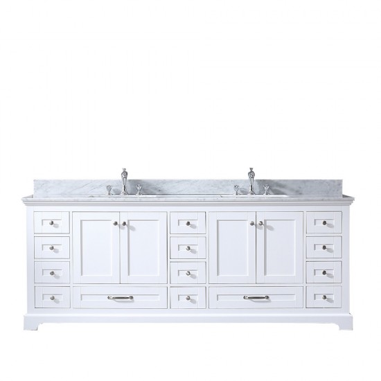 Dukes 84" White Double Vanity, White Carrara Marble Top, White Square Sinks and no Mirror