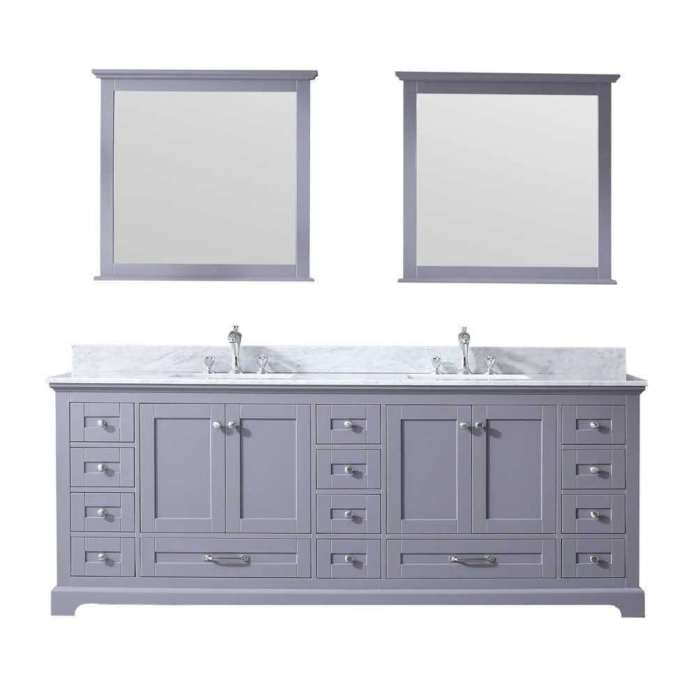 Dukes 84" Dark Grey Double Vanity, White Carrara Marble Top, White Square Sinks and 34" Mirrors w/ Faucets Dukes 84" Dark Grey Double Vanity, White Carrara Marble Top, White Square Sinks and 34" Mirrors w/ Faucets