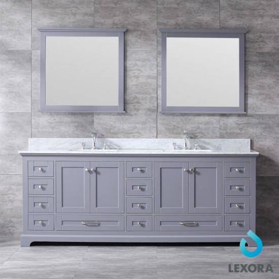 Dukes 84" Dark Grey Double Vanity, White Carrara Marble Top, White Square Sinks and 34" Mirrors w/ Faucets