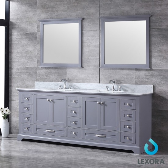 Dukes 84" Dark Grey Double Vanity, White Carrara Marble Top, White Square Sinks and 34" Mirrors w/ Faucets