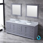 Dukes 84" Dark Grey Double Vanity, White Carrara Marble Top, White Square Sinks and 34" Mirrors w/ Faucets