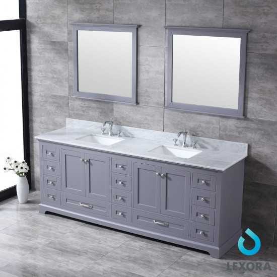 Dukes 84" Dark Grey Double Vanity, White Carrara Marble Top, White Square Sinks and 34" Mirrors w/ Faucets