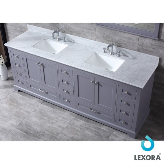 Dukes 84" Dark Grey Double Vanity, White Carrara Marble Top, White Square Sinks and 34" Mirrors w/ Faucets
