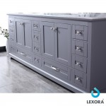 Dukes 84" Dark Grey Double Vanity, White Carrara Marble Top, White Square Sinks and 34" Mirrors w/ Faucets