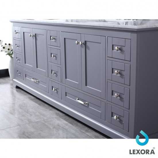 Dukes 84" Dark Grey Double Vanity, White Carrara Marble Top, White Square Sinks and 34" Mirrors w/ Faucets