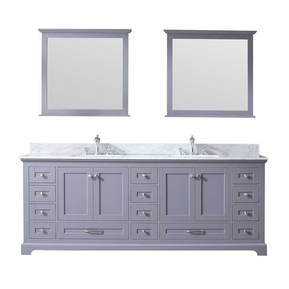 Dukes 84" Dark Grey Double Vanity, White Carrara Marble Top, White Square Sinks and 34" Mirrors