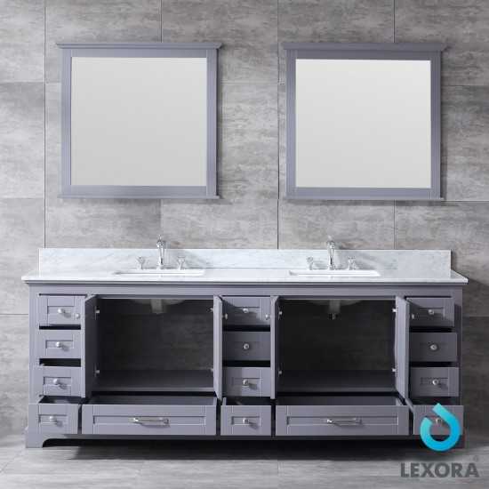 Dukes 84" Dark Grey Double Vanity, White Carrara Marble Top, White Square Sinks and 34" Mirrors