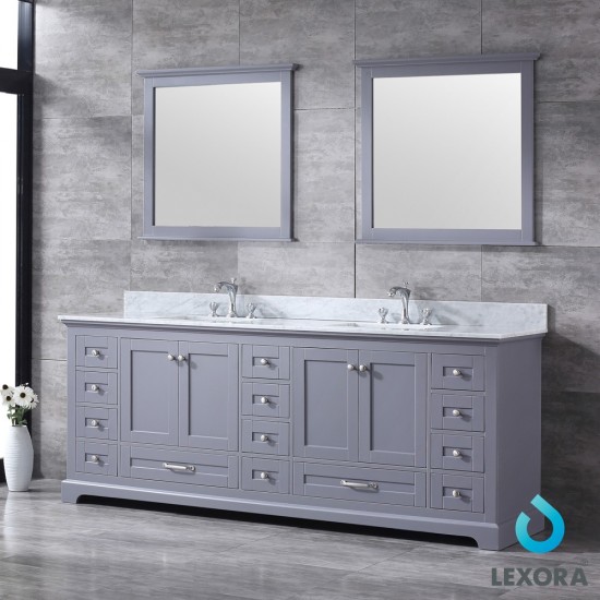 Dukes 84" Dark Grey Double Vanity, White Carrara Marble Top, White Square Sinks and 34" Mirrors