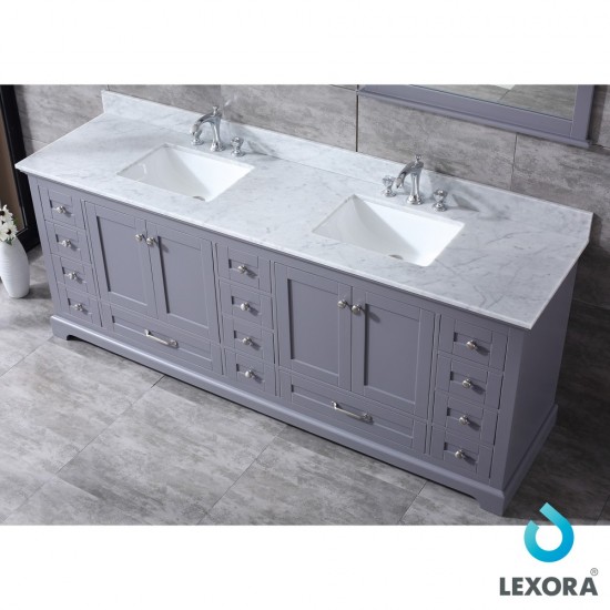 Dukes 84" Dark Grey Double Vanity, White Carrara Marble Top, White Square Sinks and 34" Mirrors