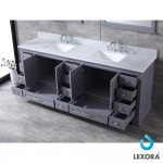 Dukes 84" Dark Grey Double Vanity, White Carrara Marble Top, White Square Sinks and 34" Mirrors