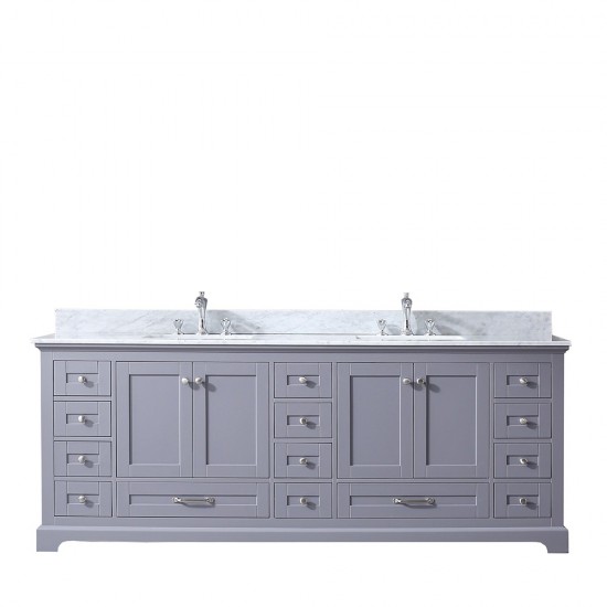 Dukes 84" Dark Grey Double Vanity, White Carrara Marble Top, White Square Sinks and no Mirror