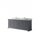 Dukes 84" Dark Grey Double Vanity, White Carrara Marble Top, White Square Sinks and no Mirror