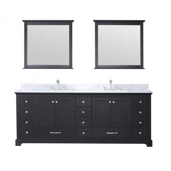 Dukes 84" Espresso Double Vanity, White Carrara Marble Top, White Square Sinks and 34" Mirrors w/ Faucets