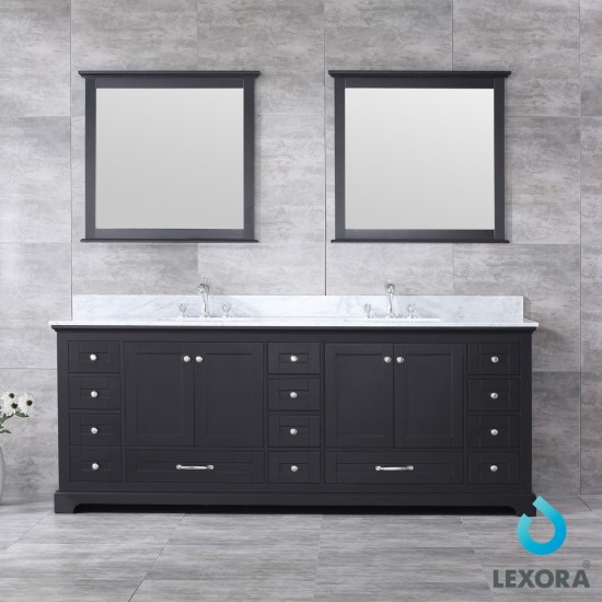 Dukes 84" Espresso Double Vanity, White Carrara Marble Top, White Square Sinks and 34" Mirrors w/ Faucets