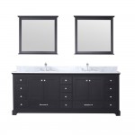 Dukes 84" Espresso Double Vanity, White Carrara Marble Top, White Square Sinks and 34" Mirrors