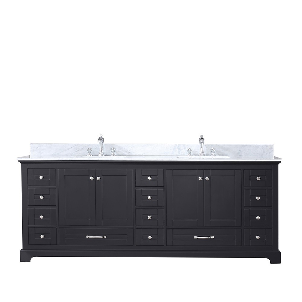 Dukes 84" Espresso Double Vanity, White Carrara Marble Top, White Square Sinks and no Mirror